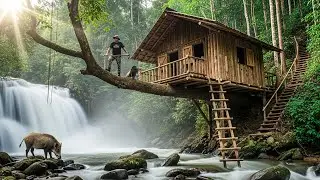 Full Building a Wooden House on Ancient Tree, House Underground to avoid python | Bushcraft Builds