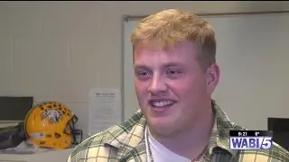 Mt. Blue&rsquo;s Joe Hayden reacts to winning Frank J. Gaziano Memorial Offensive Lineman Award