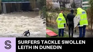 Surfers tackle Dunedin's swollen Leith during wild weather event | Stuff.co.nz