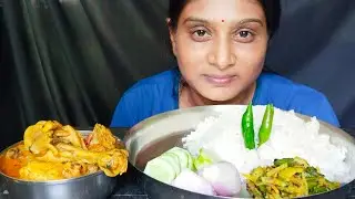 Eating Chicken Jhol With Rice, Different Vegitable Fry,Salad Green Chili। Indian Girl Eating Video