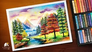 Oil pastel scenery / Step by step tree landscape oil pastel scenery for beginners