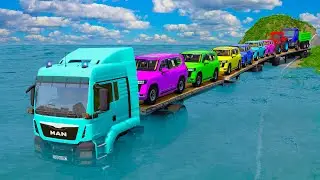 Triple Flatbed Trailer McQueen Transportation with Truck - Speedbumps vs Cars vs Train - BeamNG #41
