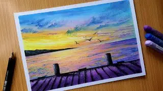 Oil Pastel Nature Scenery Drawing / ARTISTIC SEASCAPE / Oil Pastel Sunset Drawing for Beginners