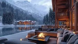 Snowfall by the Lake ❄️ Cozy Fireplace Crackling on a Mountain Veranda | Winter Relax & Sleep Sounds