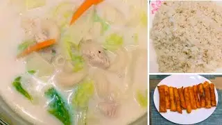Cooking chicken macaroni soup with lumpiang Shanghai ( Pinoy food )