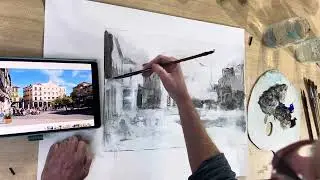 Les 11 UITWERKING stadsgezicht impressionistisch acrylverf, glaceren kleur