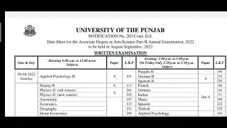 Associate degree(BA) part 1and part ll date sheet 2022 Punjab university.