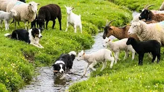 Sheep playing with dogs by the small stream - Sheep sounds - Sheep videos