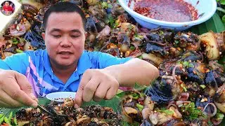 ก้อยหอยเชอรี่หัวใหญ่กรุบๆ เปรี้ยวนิดนัวๆ แซ่บๆ กับบรรยากาศทุ่งนายามเช้า