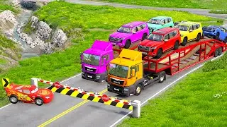 Flatbed Truck McQueen | Transportation with Truck - Pothole vs Car #11 | BeamNG.Drive Gameplay