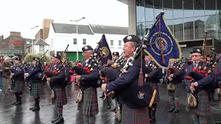 Perth & Vale of Atholl Pipe Bands playing outside Perth Concert Hall for 2022 Royal National M&ograve;d