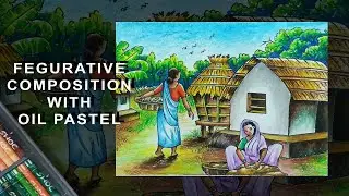 How to draw a Figurative  composition Scenery | Step by step Oil pastel village scenery