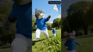 Today the cat and mouse went kite-flying; the wind was strong and their laughter flew up to the sky!