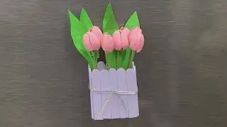 Simple Wall Magnetic DIY Tulip Flower Pot Craft | Ice Cream Sticks & Toothpicks with Pista Shell