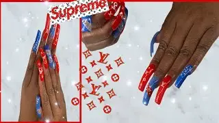 watch me work, 90s curved nails/Denim blue jean nails/ Supreme LV nails