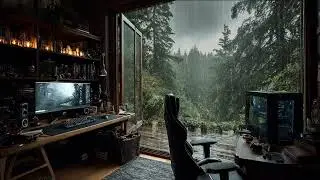 Soothing Piano Rain Sounds in Office with Forest View for Studying, Sleep and Deep Relax