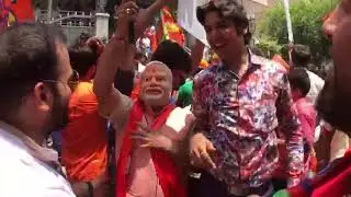 Celebrations outside BJP office at Malleshwaram in Bengaluru