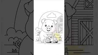 Cute Farm Animals Coloring Book &ndash; 3041 Pig Playing With A Toy Tractor In The Barnyard. Cu Coloring P