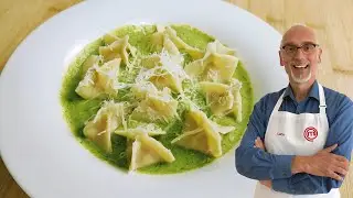 Паста Фаготтини с начинкой из мусса Мортаделла, с кремом из цуккини и базилика