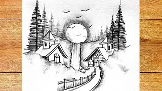 How to drawing beautiful moonlight waterfall scenery