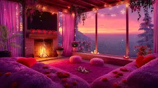 🎶 Romantic Jazz for Valentine 💕 Cozy Pink Fireplace Room & Relaxing Sunset Atmosphere
