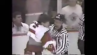Mick Vukota vs Bob Probert (roughing) Mar. 1/1989                  Probert  took a charging penalty.
