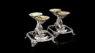 ANTIQUE 19thC RARE FRENCH ODIOT SOLID SILVER CAST FIGURAL SALT CELLARS c.1825