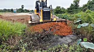 Great Landfill into Huge Flood Zone Use Shantui DH17C3 Dozer Pushing Stones with Dump Truck