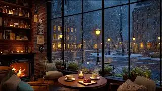 ⭐ Snowy Winter Coffee Shop Ambience ❄️ Warm Jazz Piano & Crackling Fireplace for Work, Study, Relax