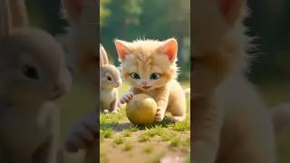 a rabbit and a kitten playing with a cute ball#short#rabbit#cat#ball