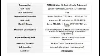 RITES STA Recruitment 2025 Apply Online for 150 Vacancies | Last Date 30 December