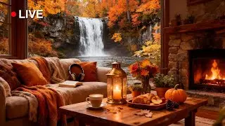 Warm Autumn Jazz 🍂 Cozy Fireplace & Waterfall Ambience | Smooth Jazz Music for Relax, Study & Work