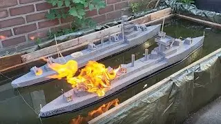 Wooden Model Ship On Fire And Sinking: Cruiser Danae Versus Cruiser Principe Alfonso