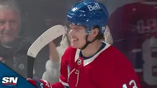 Canadiens' Cole Caufield Bats Down Pass And Snipes Perfect Shot Past Flames' Dustin Wolf