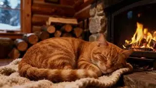COZY FIREPLACE 🔥 Crackling Fire, Sleeping Cat & Snowfall | No Music, No Talking