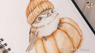 Easy Steps Colour Pencil Drawing Of A Bird Sitting On Pumpkin | A Bird Sitting On Pumpkin Drawing 