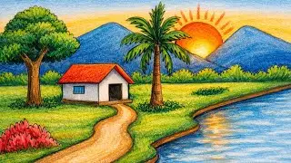 How to draw a beautiful village scenery || easy drawing || circle drawing @FarjanaDrawingAcademy 
