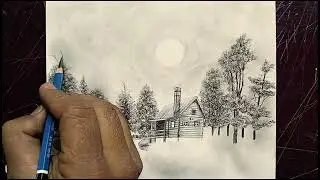 How to Draw a Cabin in the Forest with Trees and Stones Under the Moonlight | Pencil Drawing