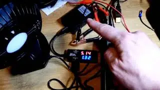 5V USB output from 8 to 35 volt input DC buck converter unit demonstrated with fan by electronzap