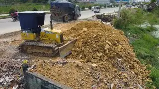Best Excellent Operation!! Using Dump Trucks & D20p KOMATSU Dozer Filling Flooded Land with Soil.