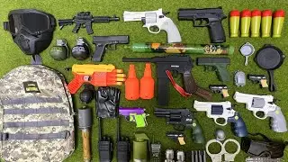 Realistic toy gun unboxing, revolver, MP5 assault rifle gel blaster, AR-15 rifle, gloves, bombs