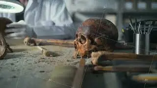 Fossil skull of extinct prehistoric man and professional tools on the table