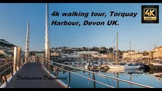 4K walking Tour, Torquay Harbour, Devon, UK, Beautiful Autumn day, The tourists have gone. Relaxing.