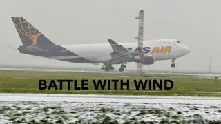 Atlas 747 Battling the Wind with Flap Condensation | Snowy Amsterdam Schiphol