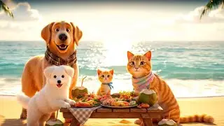 Kitten, Puppy & Father Dog: The Cats&rsquo; Beach Feast | Cinematic 4K Relaxing Summer Morning by the Sea