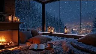 Cozy Winter Snowfall Bedroom with Soft Piano & Warm Fireplace Ambience for Deep Sleep, Relax & Study