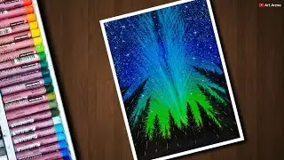 Beautiful Night Sky scenery drawing with Oil Pastels - step by step
