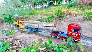 RC SCANIA Truck Rescue‼️ Towing a Stuck Wooden Log Trailer Truck in Deep Mud