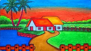 how to draw very simple village scenery drawing with oil pastel 🏠খুব সহজে গ্রামের দৃশ্য আঁকার পদ্ধতি