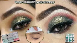 Green Glittery Smokey Eye Makeup tutorial l Bridal Eye Makeup l How to do eyebrow with carboard